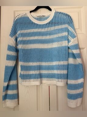 Noisy May Blue and White Striped Open-Knit Crew Sweater
